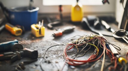 Damaged cables lying across a mechanic’s workbench. Featuring worn insulation, exposed wires, and electrical risks