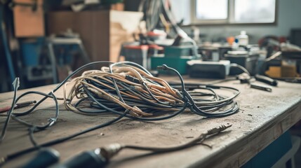 Damaged cables lying across a mechanic’s workbench. Featuring worn insulation, exposed wires, and electrical risks