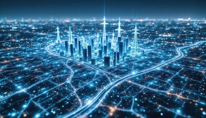 Futuristic City Landscape with Electric Grid and Digital Connectivity at Night Sky