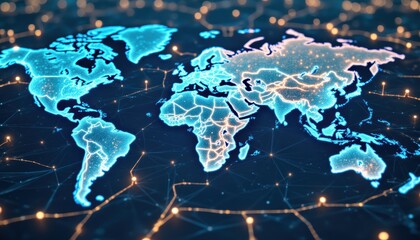Digital Global Map with Neon Lights and Network Connections on Dark Background