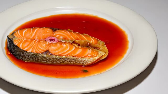Piece of salmon on white plate. Red slice of fish sauce on a plate. A plate of fish with red and white fish. A slice of salmon on a white lifestyle dish.