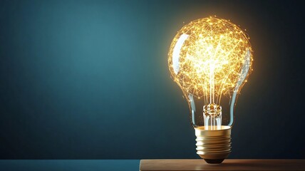 glowing light bulb on a wooden background and blue wall, business idea and technology concept