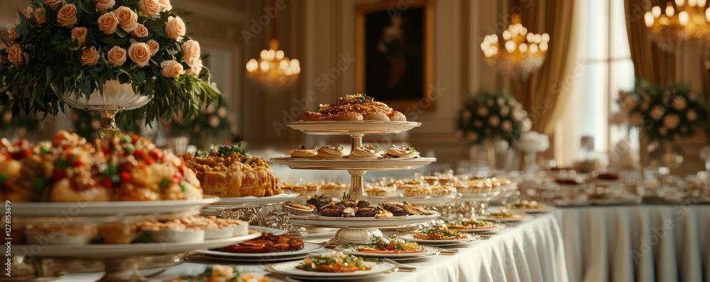 Poster A lavish buffet display featuring an array of elegant food presentations, adorned with floral decorations and soft lighting.