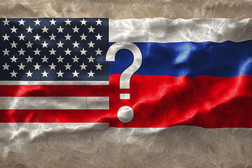 An image featuring the flags of the United States and Russia with a question mark placed between them. The composition symbolizes geopolitical uncertainty, diplomatic relations 