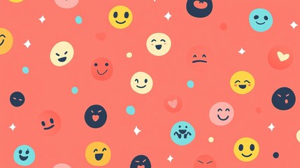 Fototapeta premium Colorful emoji pattern with diverse expressions on coral background for april fool's day theme