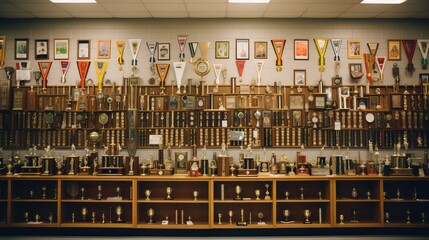 achievement wall of trophies
