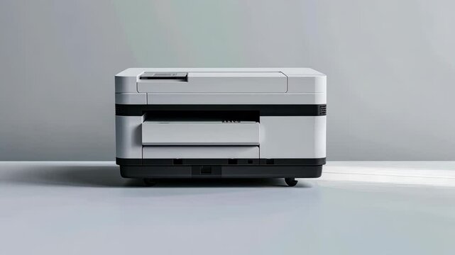 A sleek multifunction printer sits on a minimalist desk, showcasing its elegant design in a bright office environment