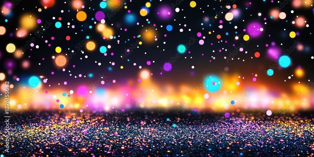 Aufkleber rainbow glitters and sequins falling from above, black background, colorful light, bokeh and sequins
