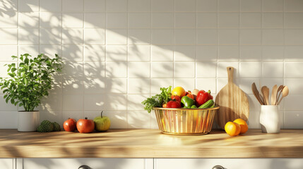 A kitchen scene featuring a wooden countertop and white cabinets, accentuated by a gold steel basket filled with fresh fruits and vegetables.