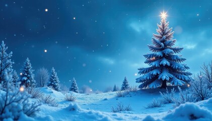 Obraz premium The majestic blue Christmas tree towers above a barren landscape, frosty, icy