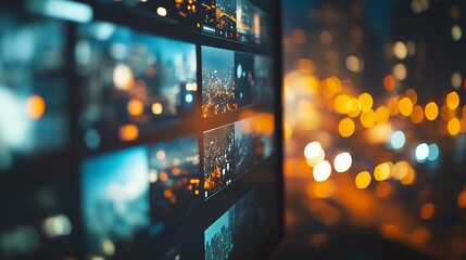 Close up of a television screen. Ui futuristic a futuristic city. Graphic resources. A detailed view of a tv lifestyle screen.