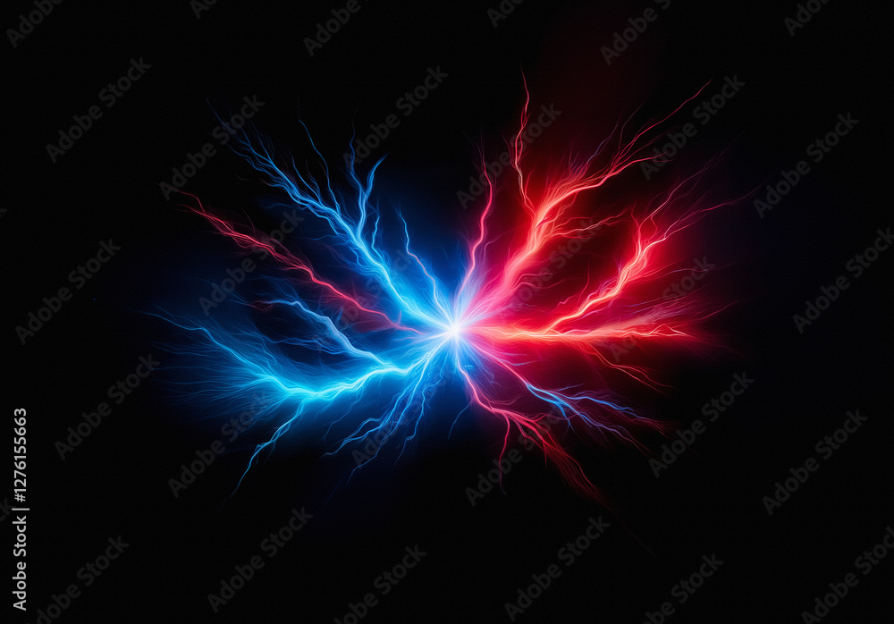 Aufkleber Red and blue lightning bolts emanate powerfully from a central glowing point against a stark black backdrop, creating a vibrant and energetic display.
