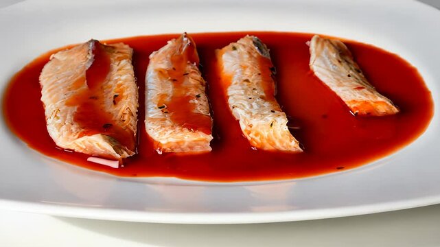 Piece of salmon on white plate. Red slice of fish sauce on a plate. A plate of fish with red and white fish. A slice of salmon on lifestyle a white dish.