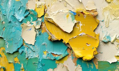 Close-up of vibrant, peeling paint on a textured wall, showcasing layers of color and decay