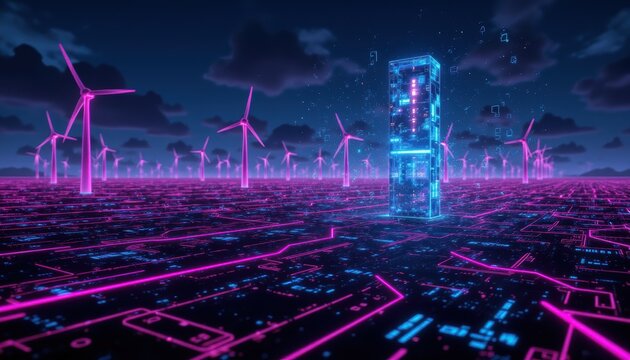 Futuristic Landscape with Wind Turbines and Digital Elements in Neon Colors