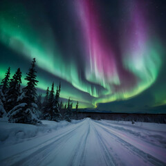A snowy road stretching through a winter landscape, illuminated by the stunning Northern Lights above. The road should be lined with snowbanks, and the surrounding trees should be lightly covered.