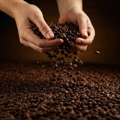 worker holding coffee beans in his hands checks the quality of coffee after it has been roasted in coffee machine