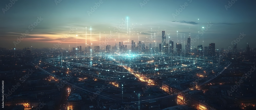 Poster advancement of data-driven smart systems in urban connectivity cityscape digital visualization dusk 