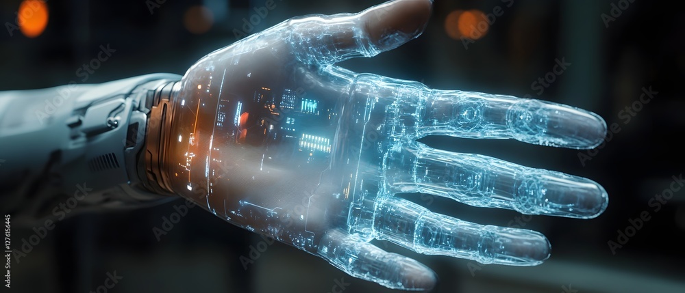 Poster advancement in smart systems cybernetic hand interacting with futuristic data displays in a technolo