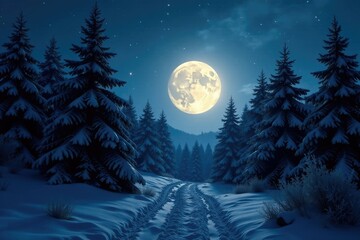 Fototapeta premium Towering evergreens illuminated from within, backlit by a full moon, sparkling, magical