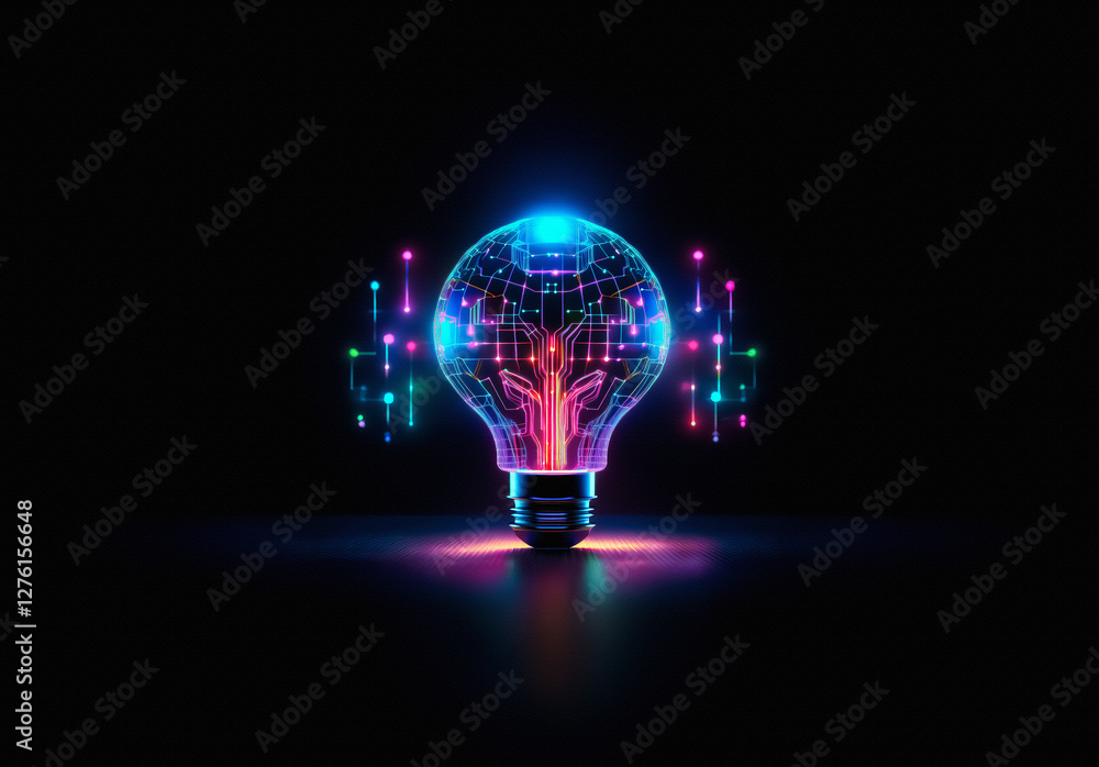 Poster A luminous lightbulb glows with digital energy, showcasing a connected network within its form against a dark backdrop, radiating bright, vibrant colors.