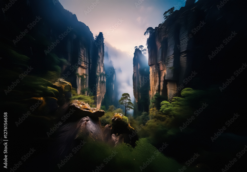 Aufkleber a stunning vista unfolds in a deep gorge, where towering rock pillars rise amidst a soft mist. lush 