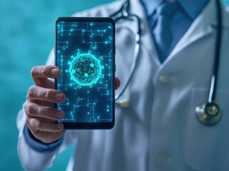 A doctor holding a cell phone with a virus on it