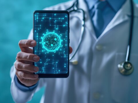 A doctor holding a cell phone with a virus on it