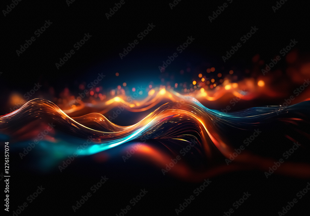 Poster vibrant waves of orange and blue light flow across a dark backdrop, creating a dynamic and abstract 