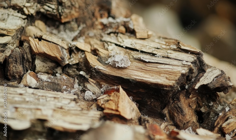 Poster close-up of weathered tree bark showcasing intricate textures and natural decay in a forest setting