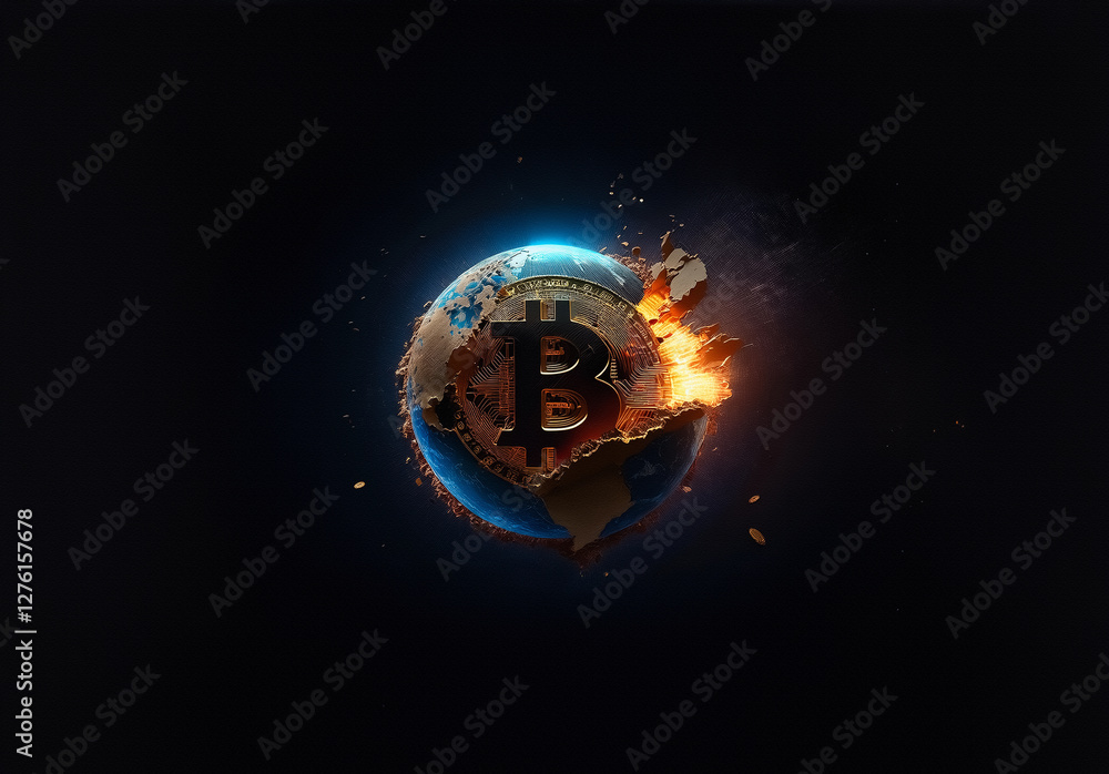 Poster a globe with a prominent bitcoin symbol is breaking apart amidst flames and debris. a dark backgroun