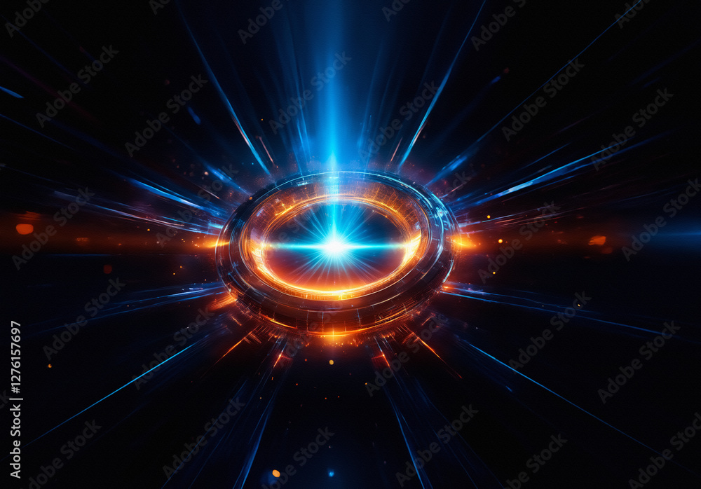 Poster A vibrant burst of energy radiates from a glowing central ring. Blue and orange light rays explode outwards against a dark backdrop, creating an abstract and futuristic visual spectacle.