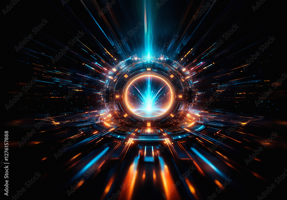 Poster Bright circular portal emits beams of blue and orange light, creating a futuristic and technological gateway on a dark backdrop.