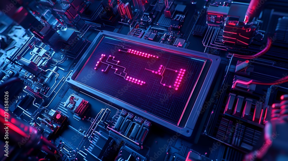 Poster close up of a circuit board with glowing digital display.