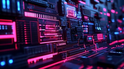 Obraz premium Abstract digital technology background with glowing neon lines and panels.