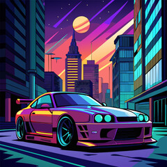 Night City Sports Car: Vector Illustration - Purple, Neon.