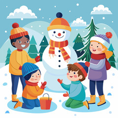 Fototapeta premium Kids Building Snowman Winter Scene Illustration - Colorful, Fun.