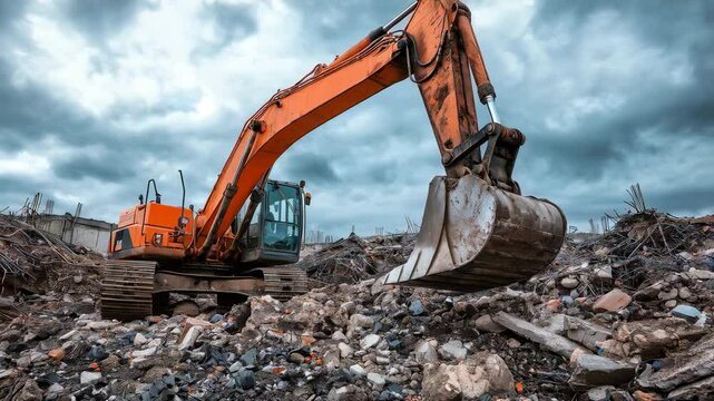 Excavator works at demolition site under overcast skies, moving debris and preparing area for new construction