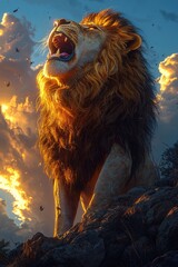 Naklejka premium Majestic Lion Roaring at Sunset Golden Light