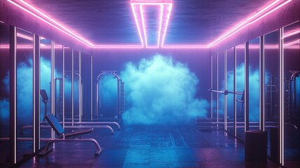 The background is an empty gym with mirrors in blue and pink neon lighting with smoke and an atmosphere of power.