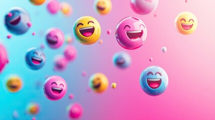 Colorful bouncing spheres with laughing emoji faces on pastel background representing joyful april fool's day concept