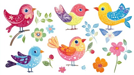 Colorful Cartoon Birds and Flowers