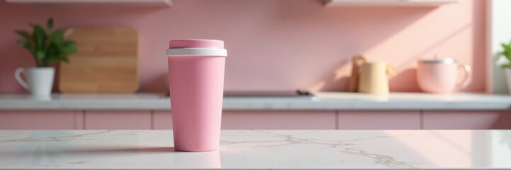 A single pink thermal coffee cup on a marble countertop, thermos, surface