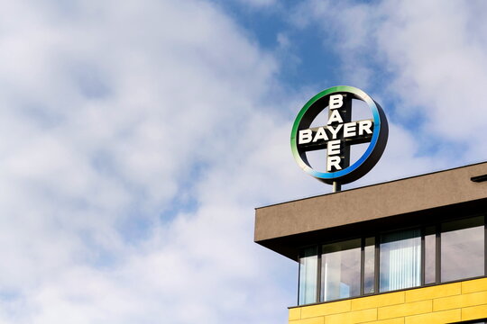 PRAGUE, CZECH REPUBLIC - NOVEMBER 7: Bayer pharmaceutical company logo on the building of Czech headquarters on November 7, 2016 in Prague, Czech republic.