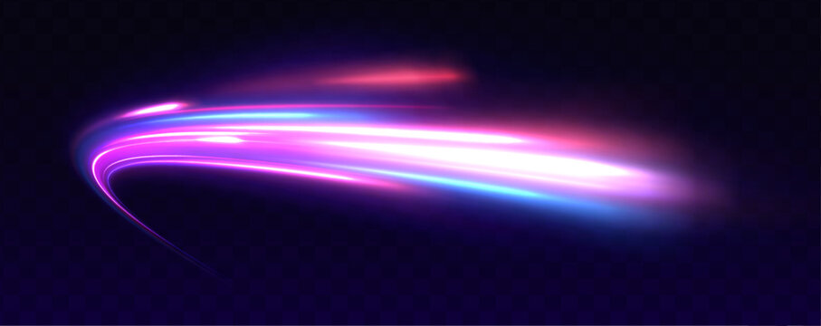 Neon color glowing lines background, high-speed light. Modern abstract high-speed light motion effect on a black background, featuring neon stripes in the form of drills, turns, and swirls.