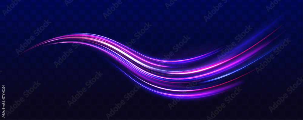Poster blurry neon light motion on a speedway with laser beams, glowing red and blue lines, and sparkling d