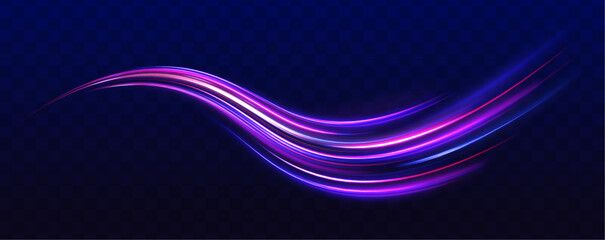 Blurry neon light motion on a speedway with laser beams, glowing red and blue lines, and sparkling dust particles creates a sense of movement and excitement, ideal for futuristic or tech-themed design