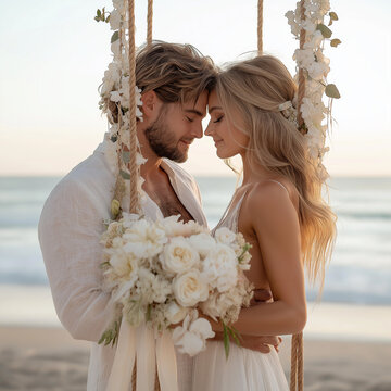 Bride and groom sitting on floral swing at beach wedding