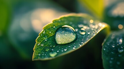 Water Drop on Leaf Sparkling in Sunlight, Natural and Refreshing