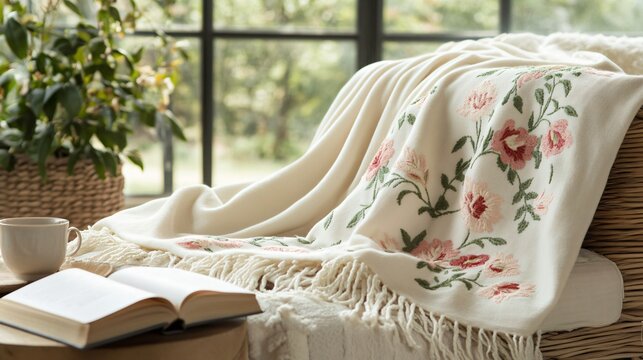 An elegant spring-themed throw blanket with soft floral embroidery, draped on a cozy reading nook with a book beside it